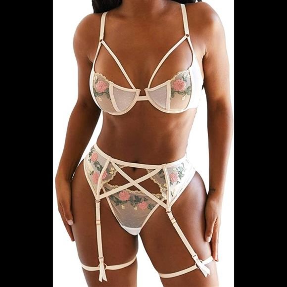 Embroidered Lingerie for Women3 Piece Sexy Lingerie Garter SetFloral Sheer